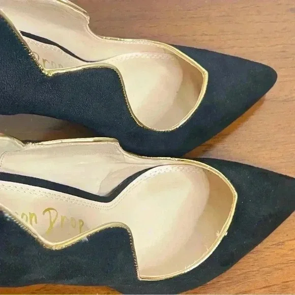 LEMON DROP BY  PRIVILEGED BLACK HEELS GOLD TRIM SIZE 8.5 - Picture 10 of 14